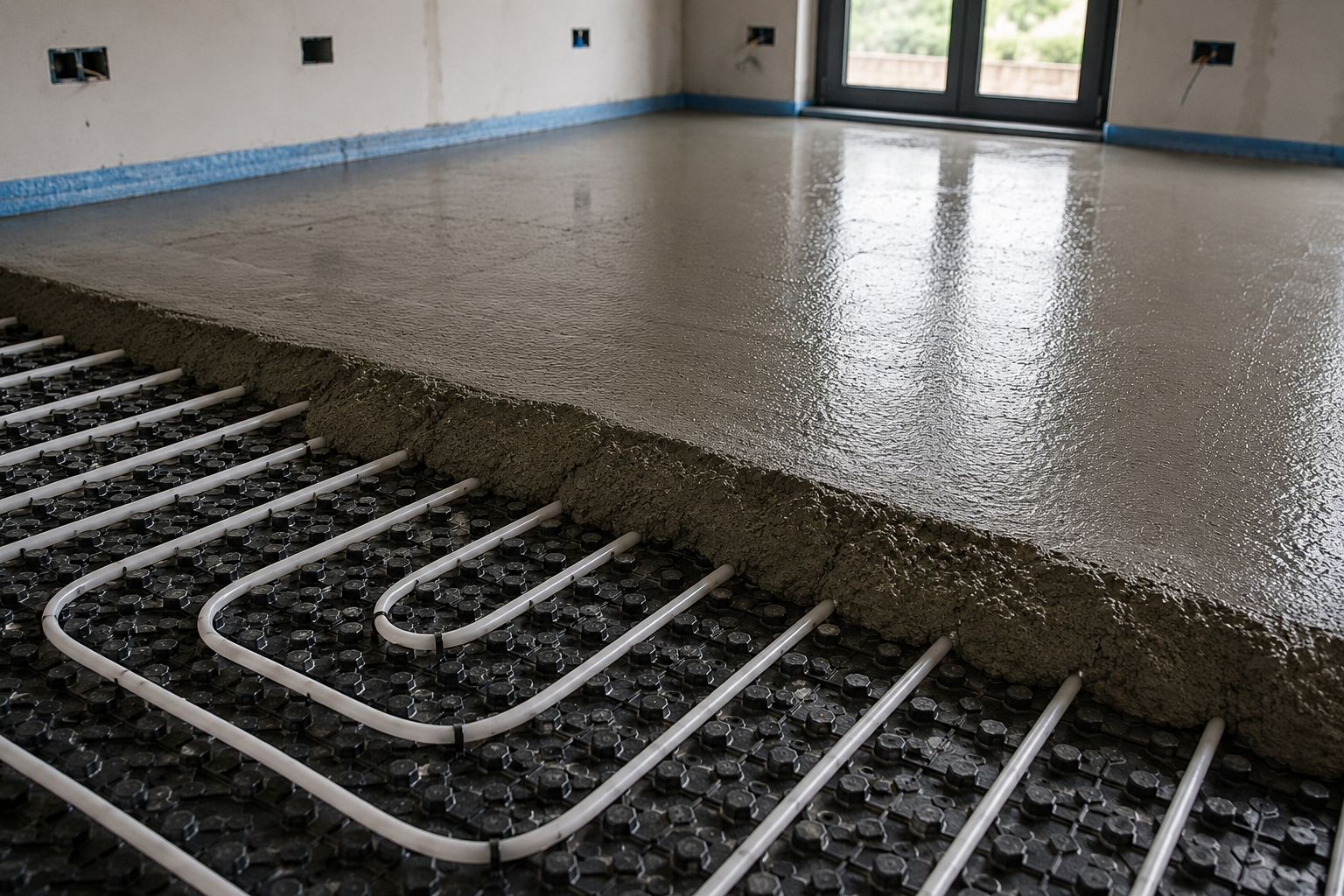 massetto fibrorinforzato su impianto di riscaldamento a pavimento durante la posa - massetti.org - portale tecnico per massetti e pavimenti