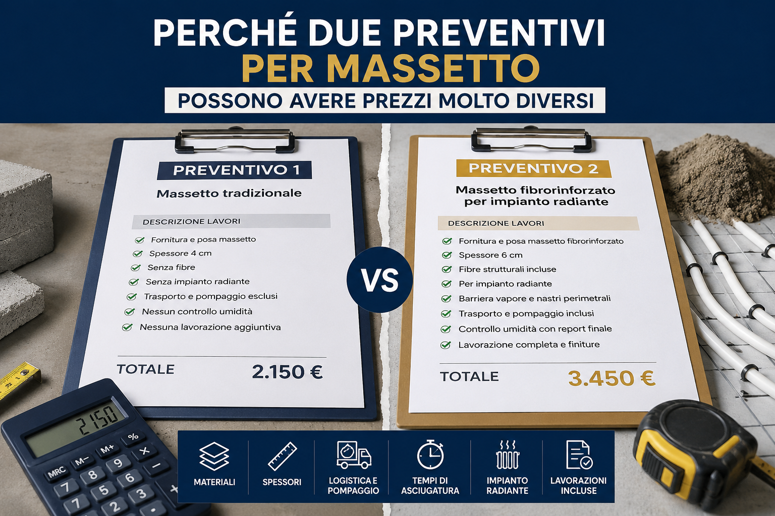 Differenza prezzo preventivo massetto con confronto tra materiali, spessori e lavorazioni incluse in un cantiere con impianto radiante - massetti.org - portale su massetti e edilizia