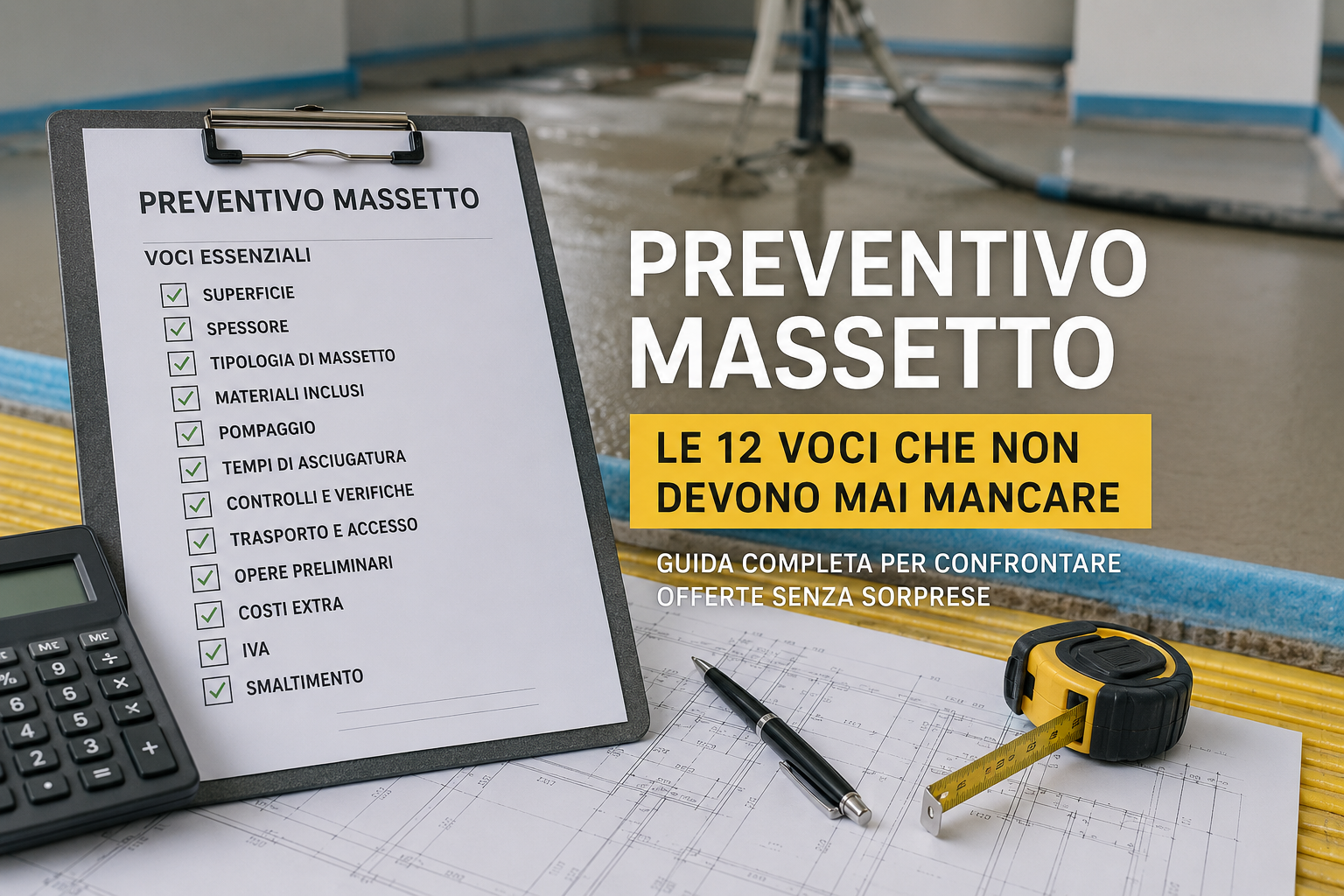 Preventivo massetto professionale con checklist tecnica, planimetria di cantiere e massetto in posa durante lavori di ristrutturazione interna.