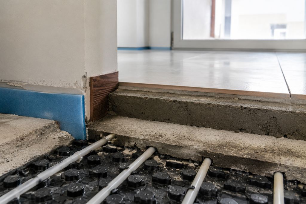 Massetto e ponte termico nel nodo pavimento-parete con dettaglio dell’isolamento perimetrale