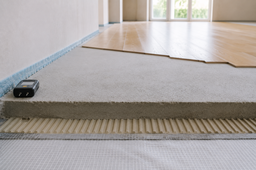 Massetto per parquet verificato con igrometro prima della posa del pavimento in legno