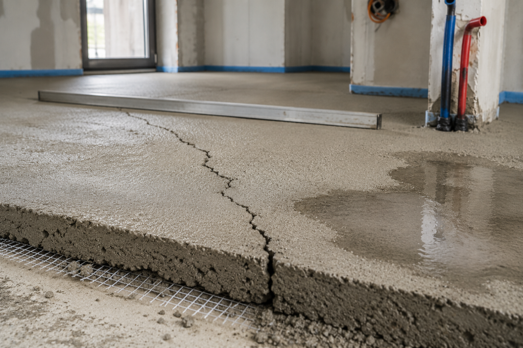 Errori nella posa del massetto con crepe, umidità e difetti causati da una lavorazione non corretta
